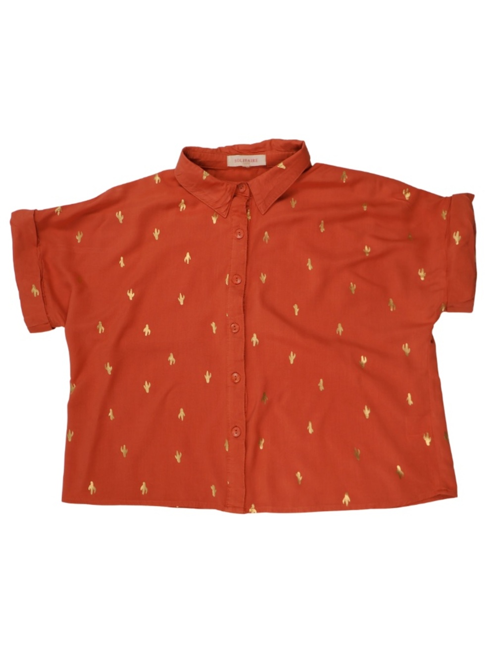 Solitaire Blouse Small Terracotta Gold Cactus Print Oversized Button Up Shirt